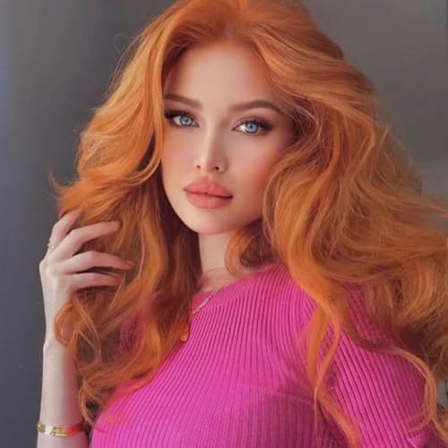 AFBeauty Ginger Wavy Wigs for Women Synthetic Lace Frontal Wig Long Body Wavy Ginger Orange Pastel Color Wig Heat Resistant Fibre Glueless Wigs Daily Use Cosplay 24inch