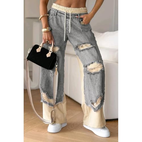 Women's Denim Trousers with Stitching and Ripped Design, Casual Vintage Baggy Elastic Waist Wide Leg Denim Pants4