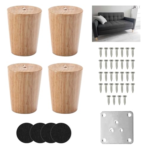 4 Pezzi Gambe per Mobili in Legno, Rotondi Piedini per Mobili in Legno 6 cm, Gambe per Mobili con Piastra di Ferro,Pad Antiscivolo e Viti, Piedi per Mobili per Divano, Cassettiere, Armadio, Letto