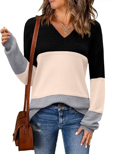 Image of Zeagoo Womens 2026 Fall Sweaters Casual Long Sleeve Ribbed Knit Pullover V Neck Lightweight Crochet Pullover Sweater Top