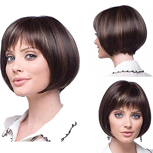 FCHW Wigs Brown Mixed Blonde Wigs for Women Short Straight Bob Wigs With Bangs Shoulder Length Wig With Bangs Natural Daily Short Hairstyles Wigs African American Wigs Cosplay Wigs 3011