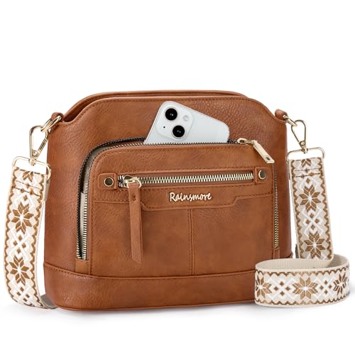 RAINSMORE Small Crossbody Bags for Women Leather Waterproof Crossbody Purses for Women With Compartments Adjustable Wide Strap Shoulder Bag Handbags Travel Purse Gift for Mother Mom Wife