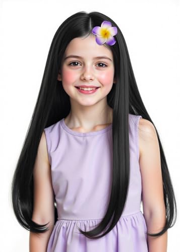 HORTYZON Girls Long Black Straight Wig