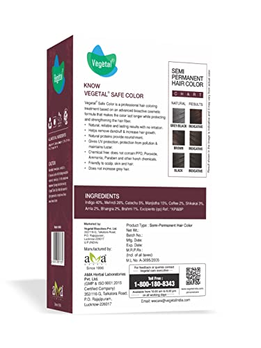 Vegetal Safe Hair Color - Burgundy 50gm - Certified Organic Chemical and Allergy Free Bio Natural Hair Color with No Ammonia Formula for Men & Women