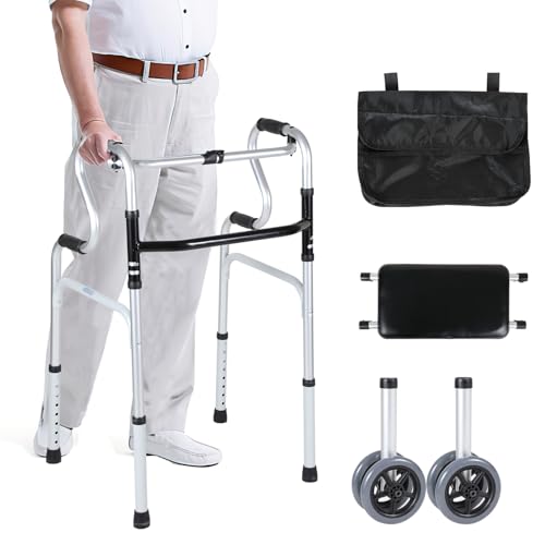 Ollewiellan Andador para personas mayores, caballete plegable con 2 ruedas, andador para adultos, altura regulable, aluminio, antideslizante, estable, hasta 180 kg, color plateado