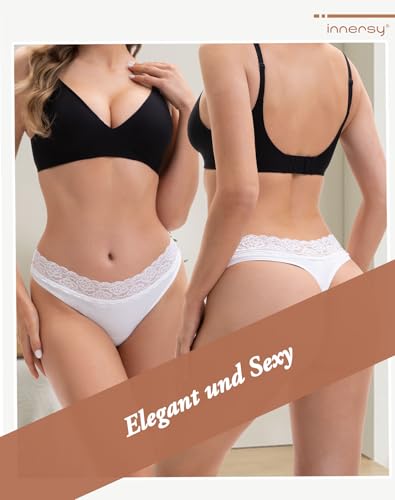 INNERSY String Tanga Damen Baumwolle Spitze Weiß Dessous Sexy Unterwäsche für Frau 6er Pack (L, 6 Weiß)