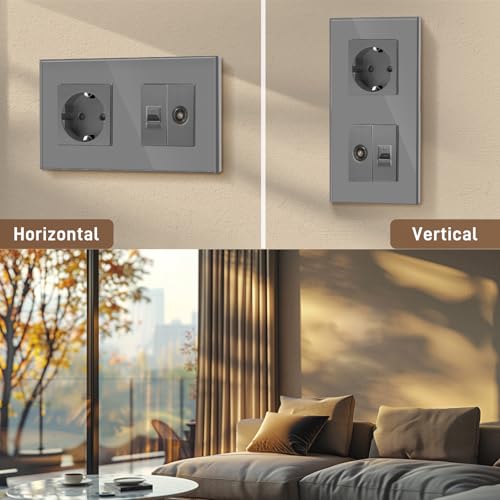 BSEED Schuko Steckdose mit 1/2 TV-Antenne Koaxial- und RJ55-Cat5e-Ethernet KristallGlas Platte Steckdose Glas Unterputz Steckdose 16A Steckdose Verl&auml;ngerungssteckdosen Wandsteckdose Grau 157mm
