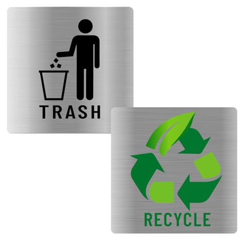 PRESSINART 2Pcs 2 Styles Autocollants Recyclage et Déchets Panneaux pour Poubelle Style Acier Inoxydable Carré Plastique Auto-Adhésif Étanche 6.5 Pouces pour Extérieur Intérieur Maison Cuisine Bureau
