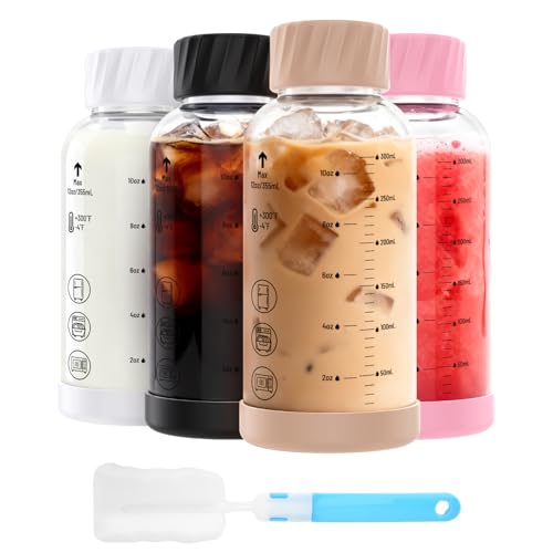 Image of Luxfuel 12 oz Glass Juice Bottles, 4 Pack Leakproof Borosilicate Glass Bottles with Measurement Marks & Stainless Steel Lids for Juicing, Smoothies - Ideal for Office Workers & Healthy Home Juicing