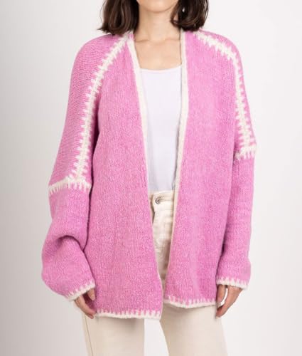Image of chouyatou Women Fall Open Front Color Block Cardigan Sweater Casual Striped Chunky Knit Oversized Cardigan