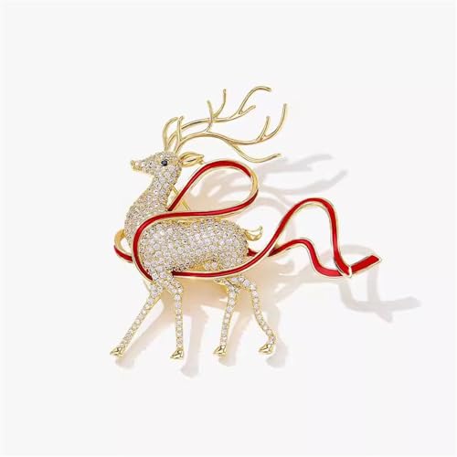 Image of Rhinestone Deer Xmas Brooch Pin for Women Girls Gold Tone Fashion Red Ribbon Crystal Elk Brooches Lapel Pins Cute Christmas Holiday Festival Decoration Suit Dress Accessories Jewelry Gift