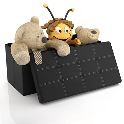 INTIRILIFE Puff Baúl Plegable 78x38x38 cm in Negro Lava – Taburete Almacenaje Tapizado de Cuero Artificial per Almacenamiento y Reposapiés - imagen 5