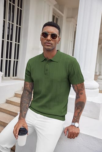 COOFANDY Mens Golf Polo Shirts Ribbed Textured Knit Polo Shirt Business Banded Bottom Shirts Casual V Neck Polo Shirts Collared Shirts Short Sleeve Army Green - Image 2