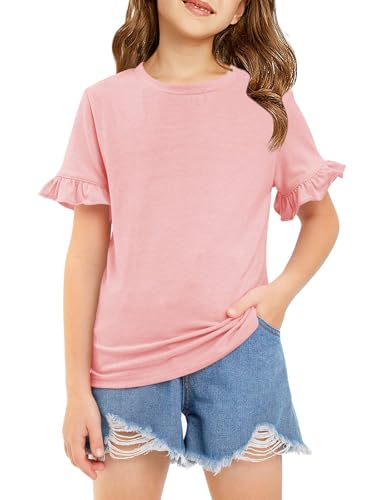 Haloumoing Girls Ruffle Short Sleeve T Shirts Crewneck Plain Casual Summer Tops Blouse Tees 5-14 Years