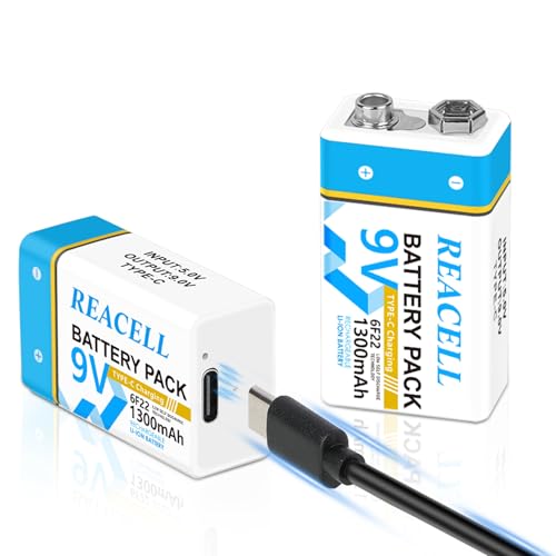 REACELL 9V Batería Lithium Recargable 1300mAh con USB-C Cable (2 Piezas)