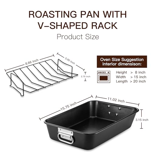HONGBAKE Nonstick Roasting Pan with V-shaped Rack, 11 x 15.75 Inch Turkey Roaster Pan with Steel Handle for Ovens,Lasagna Pan for Thanksgiving, Christmas