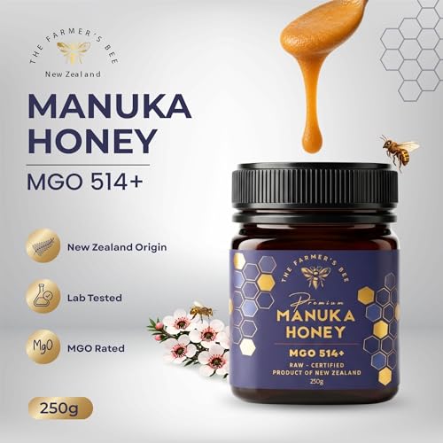 Image of THE FARMER'S BEE New Zealand Manuka Honey MGO 514+ (15+) | Monofloral Raw Honey | MGO Tested | Premium Imported Honey | Natural Face Mask, Skin Care & Minor Cuts | Throat & Respiratory Wellness | 250g