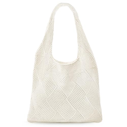 beifon Strandtasche Damen Sommer Boho Gestrickte Tasche Beach Bag Netz Strandbeutel Häkeltasche Mesh Gehäkelt Handtasche Tote Bag Netztasche Umhängetasche Sommertaschen für Reisen Alltag (beige C)