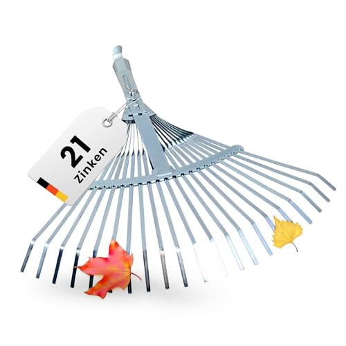 Rekord - Laubbesen mit 21 Zinken, stufenlos verstellbar 40-50 cm – Profi Laubrechen Metall verzinkt, starker Fächerbesen & multifunktional Rechen für Garten und Rasen