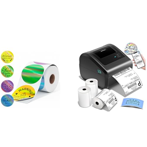Image of Bluetooth Shipping Label Printer with 3 Roll Labels & 400PCS 4 Color Circle Holographic Thermal Labels, D450BT Thermal Label Printer 4x6 for Small Business