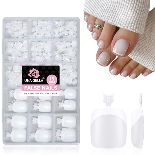 Image of UNA GELLA French Press On Toenails Milky White With White Tip Square Round, 15 Sizes Pre-Etched Squavol Toenail Press Ons for Women, 150PCS Toenail Extension for Home DIY Salon Pedicure Summer Gift