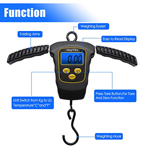 Cyberdyer Fish Scale With Backlit Lcd Display 110Lb 50Kg Digital Portable Hanging Scale Fish Weigher Luggage Scale Fishing Gifts For Men (Black With Yellow Keys) #TOP3