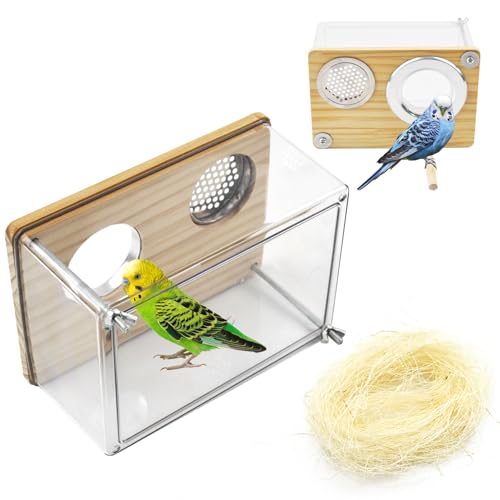 Image of Bird Nesting Box for Window,Transparent Parakeet Nest Breeding Box Parrot Breeding Mating Box Bird Nest Box House Cage Accessories with Wood Perch for Parakeet Budgie Conure Parrot