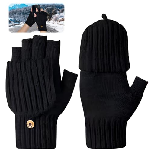 INFOMAG Guantes Sin Dedos De Lana Para Mujer y Hombre - Mitones De Punto Para Teclado e Invierno - Negros