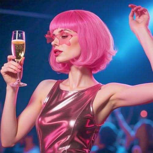 Image of ANOGOL Rose Red Bob Wig with Bangs Pink Wigs for Women Colored Wigs Party | Hair Cap+ Sunglasses Short Neon Wig Bachelorette Party Funny Outfit Pink Costume Women Halloween Night Club Crazy Hair Day