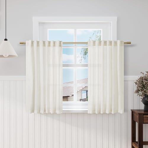 Image of Nanspring Cream Short Linen Kitchen Curtains 36 Inch Length,Over Sink Light Filtering Semi Sheer Curtains Back Tab and Rod Pocket Drapes for Basement Bathroom Window, 2 Panels 42 x 36 Inch