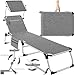 tectake® Sonnenliege mit Dach, Balkonliege aus Aluminium, klappbare Gartenliege, wetterfest, Liegestuhl für Garten, Camping & Strand, verstellbarer Rückenlehne, Kopfkissen, Seitentasche - grau meliert
