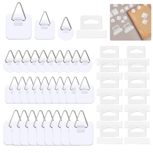 Image of 80 Pack Adhesive Picture Hangers Picture Hanging Hooks Without Nails Plastic Sticky Photo Bracket Hooks for Home Wall Art Photo Frame Bathroom Closet Closet Kitchen Door 4 Sizes