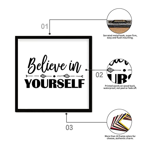 Chic Style Framed Wood Sign With Inspirational Quotes Believe In Yourself Wall Mounted Black Frame Wooden Plaque For Office Cafe Bar Farmhouse Porch Garden Yard Cafe Bar Cottage Wall Decor 12X12In #TOP2