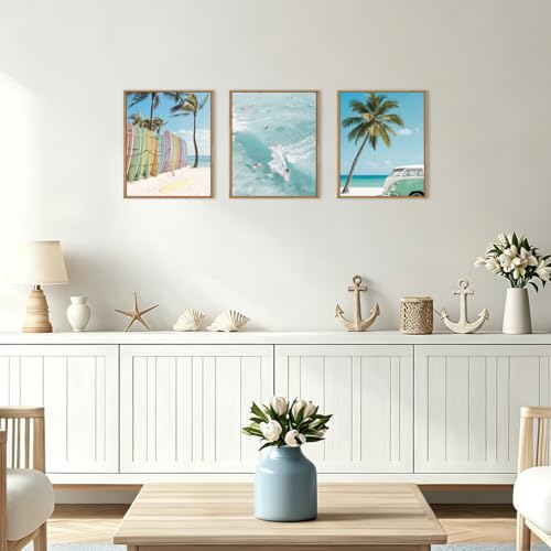 Image of KAIRNE Ocean Beach Framed Canvas Wall Art Set, Coastal Seascape Surfboard Wall Decor, Modern Palm Tree Art Prints, Summer Surfing Blue Artwork for Living Room, Bedroom, Farmhouse, Office-12 x16 x3