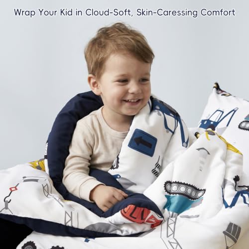 Image of PHF 4 Piece Toddler Bedding Set, Ultra Soft Toddler Comforter Sets Include Comforter, Fitted Sheet, Flat Top Sheet and Pillowcase for Boys, Bed in A Bag for Toddler Bedroom, Truck and Digger