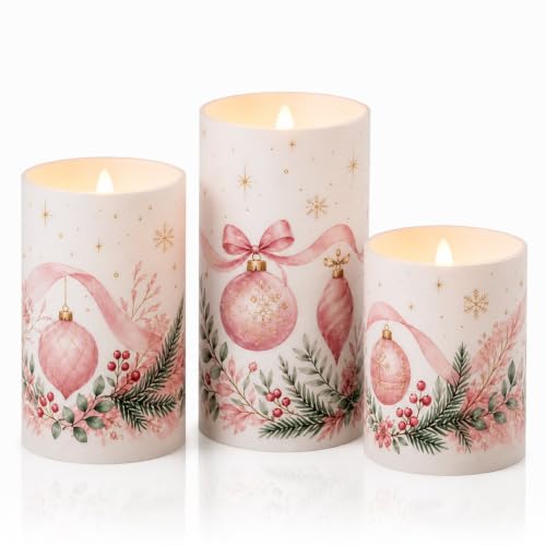 Image of Tujoe 3 Pcs Christmas Pink Ballet Flameless Candles LED Pillar Candle