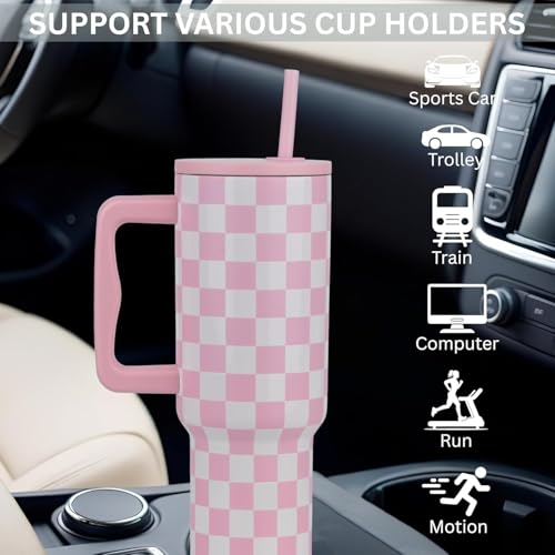 Image of Tumbler with lid and Straw 1200ML Cup Stainless Steel Insulated Cup for Water, Iced Tea or Coffee 1.2L Office Gym Travelling; Tumbler with Straw. (40-Oz-Pink Checks)