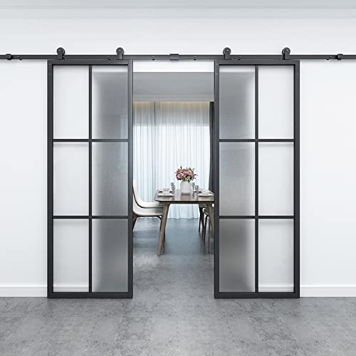 Barnsmith 60In X 84In Double Glass Barn Door With 13Ft Top Mounted Hardware Kit, Diy Modern Black Aluminum Tempered Frosted Glass Sliding Door, Assemble Required(2 * 30Inx 84In) #TOP11