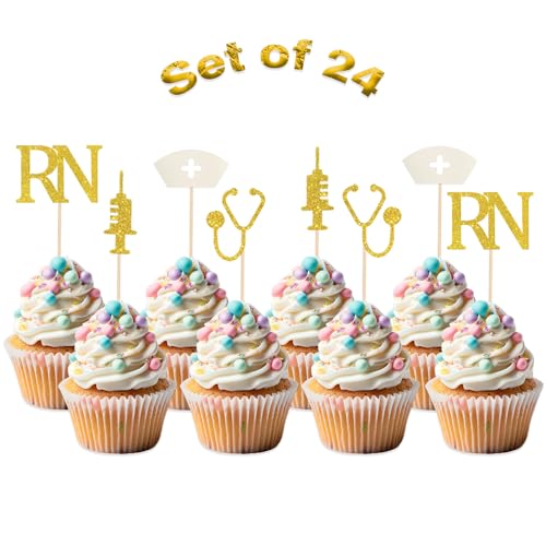 Kimini-Ki RN Cupcake Toppers, 24Pcs Nursing Cupcake Toppers, Medical Themed Assistant Symbol Cupcake Picks, Congrats RN Nurse Themed Graduation Party Decorations