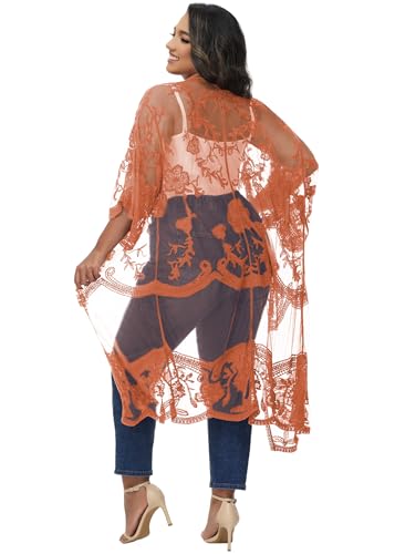 Image of Anna-Kaci Women's Plus Size Lace Cardigan Embroidered Long Kimono Dusters with Half Sleeves