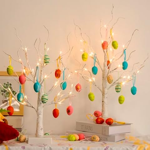 PEIDUO Spring Decorations, 24LT Easter Egg Tree for Home Decor, Lighted Tabletop Tree with 36 Multicolor Painted Eggs, Easter Tree Decor for Bedroom Classrooms, Offices Restaurants (2PK) Cover