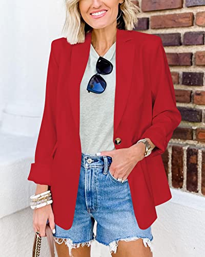 Newffr 2023 Women's Blazers Casual Open Front Long Sleeve Lapel Collar Work Office Jacket Summer Outwear Red #TOP1