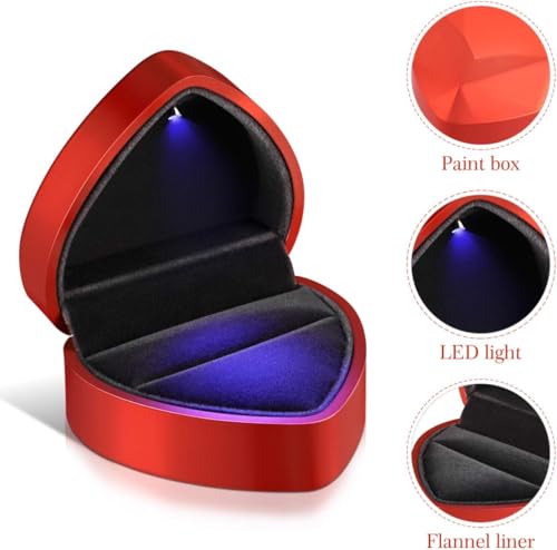 Image of Heart Ring Box with LED Light, Luxury LED Lighted Engagement Ring Box, Velvet Earrings Jewelry Case with Light, Jewelry Display Box for Wedding, Engagement, Proposal, Birthday and Anniversary-Red