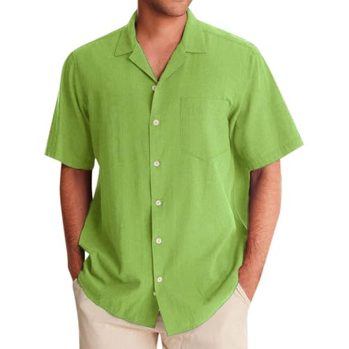 Camisa de Lino para Hombre con Solapa Estilo Channeling Hugh Manga Corta Casual Deportiva Playa Verano 2025 (Green, XXXXL) c73