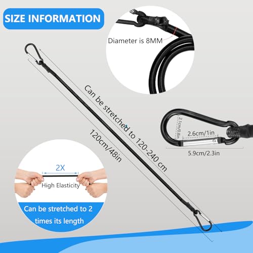 48 Inch Bungee Cords with Carabiner Hooks, 2 Pack Heavy Duty Strong Elastic Rope Black Bungee Straps for Outdoor Tent, Luggage Rack, Camping, Cargo, RV, Bike, Transporting, Storage