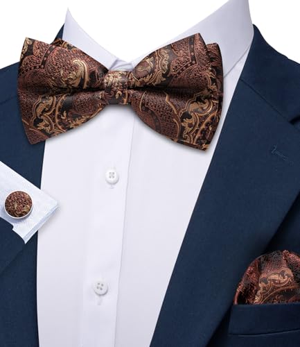 Image of YOHOWA Mens Bow Tie Set Paisley Pre-tied Bowties Adjustable with Handkerchief Cufflinks Gold Ring Set Wedding Prom Party