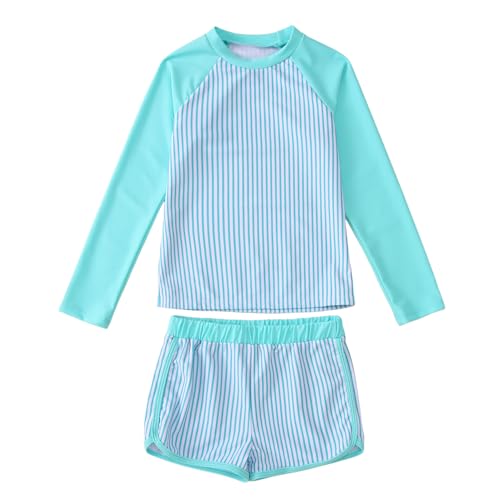 Image of Ritatte Girls Rash Guard Swimsuit 2 Pieces Stripe Bathing Suit Long Sleeve Rashguard Beach Shorts Summer Swimwear 7-12T(Blue Green,11-12T(160))