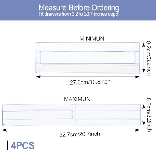 Friedwohl Kunststoff Schubladentrenner Verstellbar 4er-Set (27,6-52,7cm), Transparente Schubladenteiler, Schubladen Organizer für Küchenspeicher, Schlafzimmer, Kommode, mit doppelseitigem Klebeband