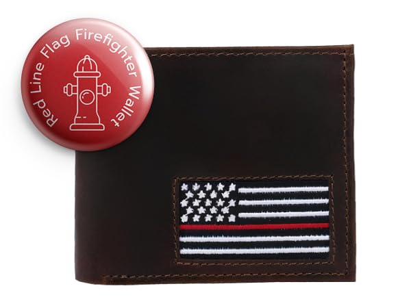 Thin Red Line Flag Firefighter Wallet – Full Grain Leather Firehouse Wallet w/ Needlepoint Firefighter Flag – Thin Red Line USA Firefighter Accessories - Ideal Firefighter Gifts for Men & Women