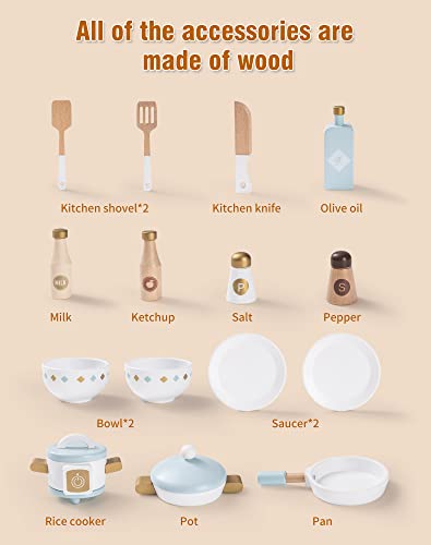 Robotime Wooden Toys Kitchen Sets For Kids Girls Boys Kitchen Playset,Wooden Chef Pretend Play Kitchen For Toddlers Ages 3+ W/Microwave Oven,Clock,Towel Rack (Blue) #TOP4